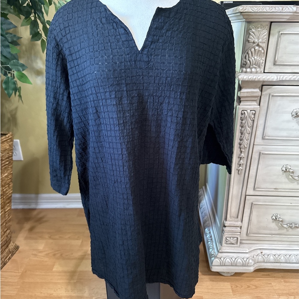Eileen Fisher Black Organic Cotton Grid Textured Tunic Top L (Estimated) - Picture 4 of 9